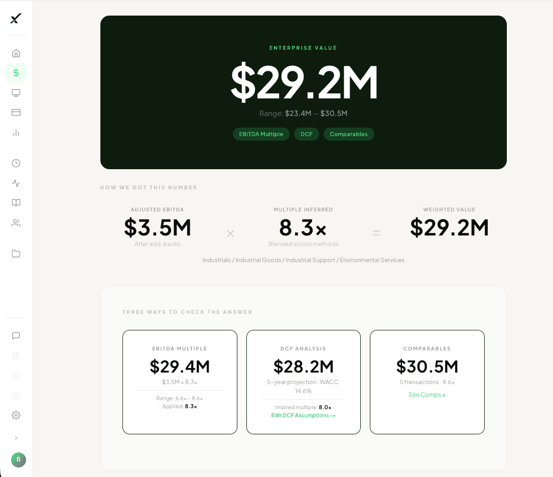 Enterprise value of $29.2M with EBITDA multiple, DCF, and comparables analysis